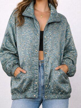 Mureli 1980s Vintage Windbreaker Teal Gold Silk Jacket Large Slouchy Retro